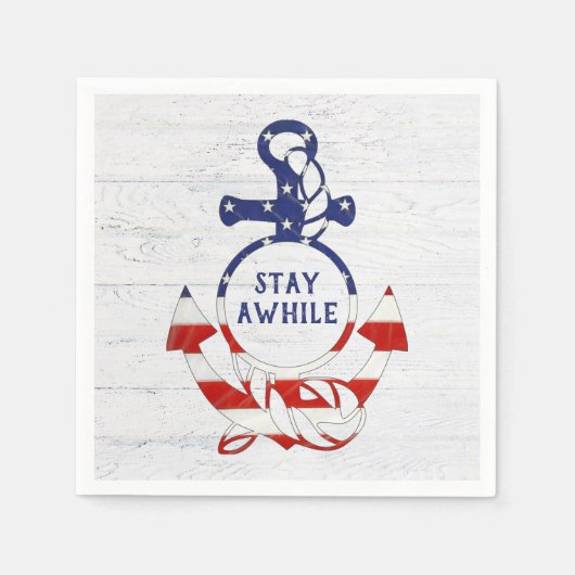 白塗り航海の木材のフラグいかり スタンダードカクテルナプキン (正面)