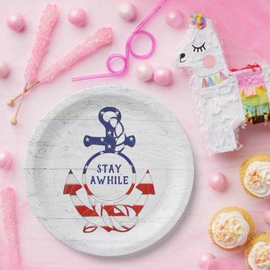 白塗り航海の木材のフラグいかり ペーパープレート (パーティー)