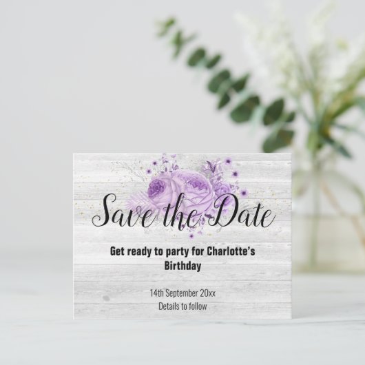 白塗素朴り木材フローラ薄紫 案内ポストカード (スタンド正面)