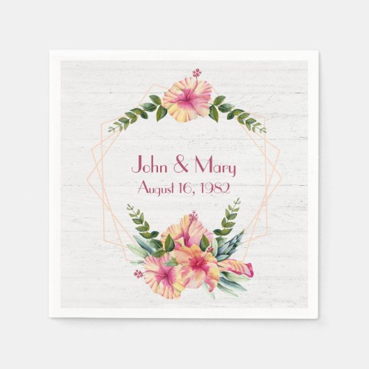 白塗結婚り木材のハイビスカスフレーム スタンダードカクテルナプキン (正面)