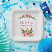 白塗結婚り木材のハイビスカスフレーム ペーパープレート (パーティー)