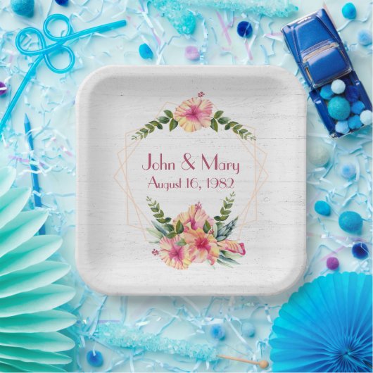 白塗結婚り木材のハイビスカスフレーム ペーパープレート (パーティー)