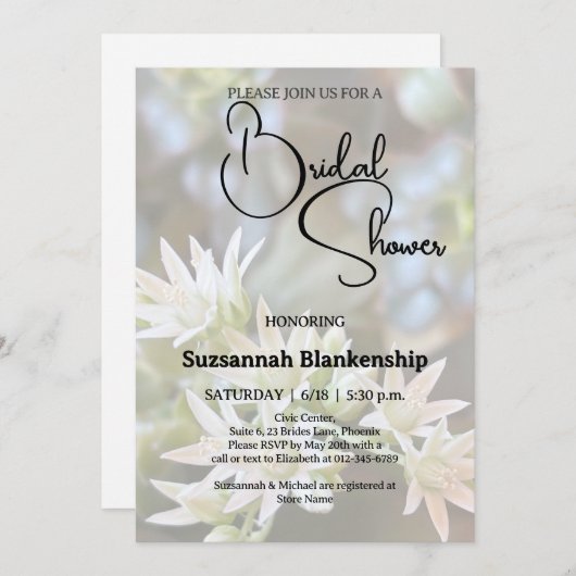 白多肉性フローラ背景ブライダルシャワー 招待状 (正面/裏面)