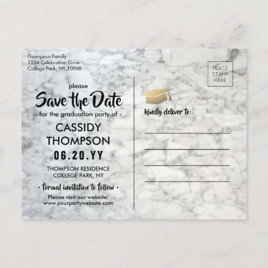 白大理石と金ゴールド卒業写真の保存日付 ポストカード (裏面)