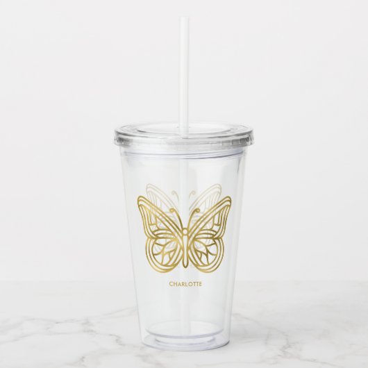 白大理石と金ゴールド幾何学蝶 アクリルタンブラー (正面)