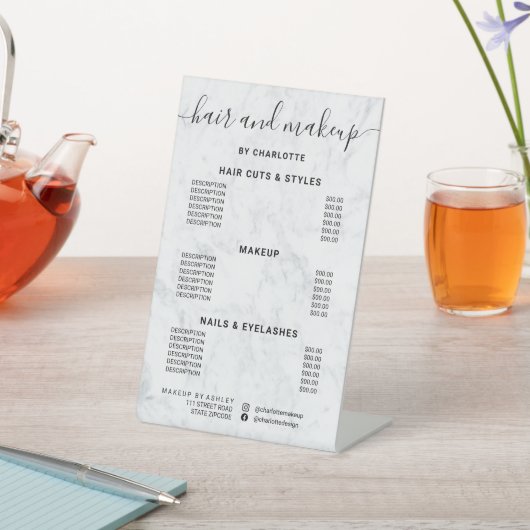 白大理石のカリグラフィー ヘアメイクサロン 料金 台座サイン (インサイチュ)