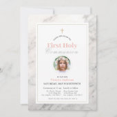 白大理石の女の子の写真最初の聖餐式 招待状 (正面)