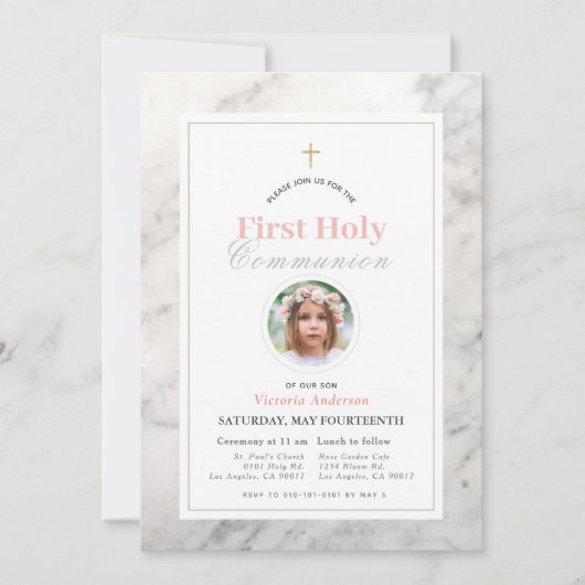 白大理石の女の子の写真最初の聖餐式 招待状 (正面)
