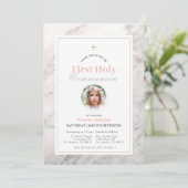 白大理石の女の子の写真最初の聖餐式 招待状 (スタンド正面)