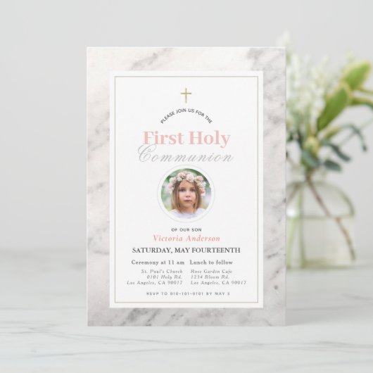白大理石の女の子の写真最初の聖餐式 招待状 (スタンド正面)