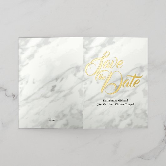 白大理石の日付を保存 箔グリーティングカード (外側レイダウン)