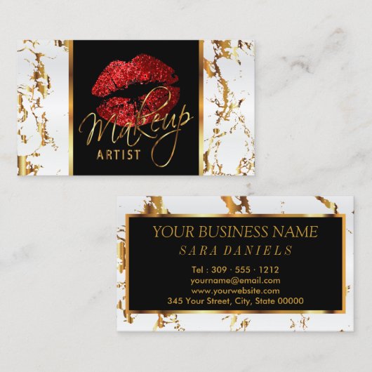 白大理石の金ゴールドと赤いアクセント 名刺 (正面/裏面)