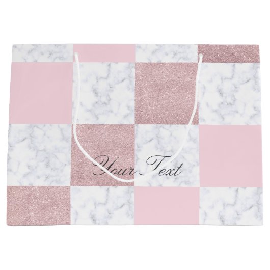 白大理石エレガント&バラ金ゴールド市松模様にグリッター ラージペーパーバッグ (正面)