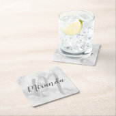 白大理石スクリプトモパーソナライズされたノグラムと名前 スクエアペーパーコースター (インサイチュ)