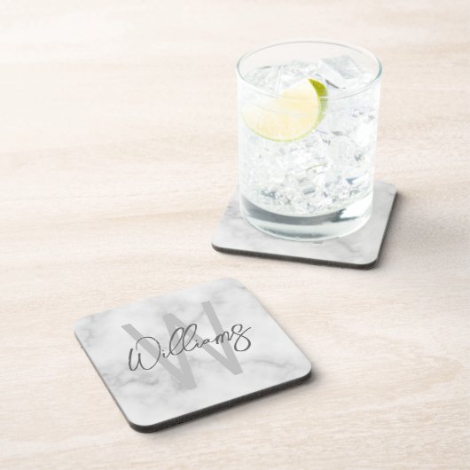 白大理石スクリプパーソナライズされたトのモノグラムと名前 コースター (右側)
