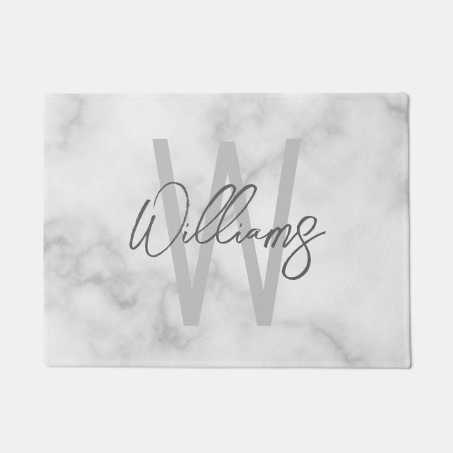 白大理石スクリプパーソナライズされたトのモノグラムと名前 ドアマット (正面)