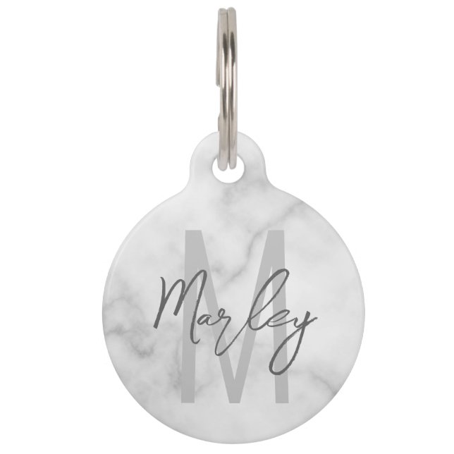 白大理石スクリプパーソナライズされたトのモノグラムと名前 ペット　ネームタグ (正面)