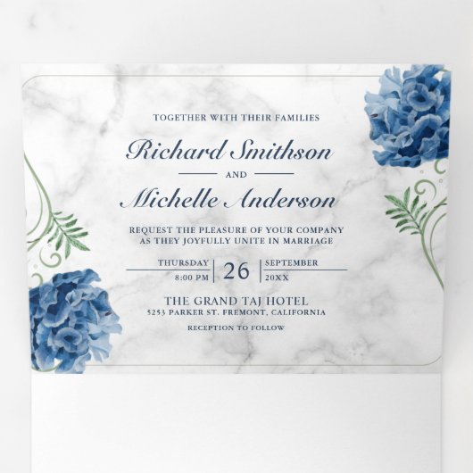 白大理石ダスティブルーアヤランゲアフローラ結婚ズ 三つ折り招待状 (内部最初)