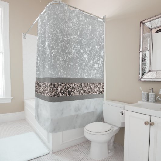 白大理石バラ金ゴールドグリッターストライプグラム#1 シャワーカーテン (インサイチュ)