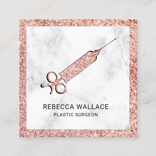 白大理石バラ金ゴールド注射器形成外科医 スクエア名刺 (正面)