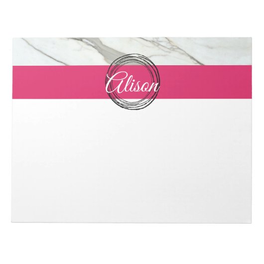 白大理石ピンクの黒い円の個人名 ノートパッド (正面)