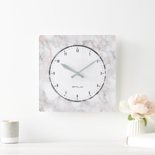 白大理石フェイクバラ-金ゴールドアクセント スクエア壁時計 (ホーム)