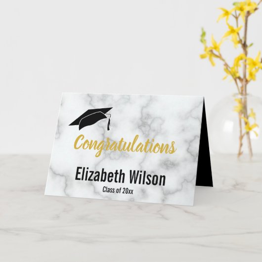 白大理石フェイク大学院名おめでとう カード (黄色い花)
