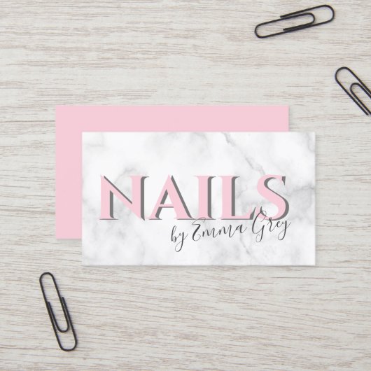 白大理石モダンとピンクのタイポグラフィ爪、 ネイル 名刺 (正面/裏面インサイチュ)