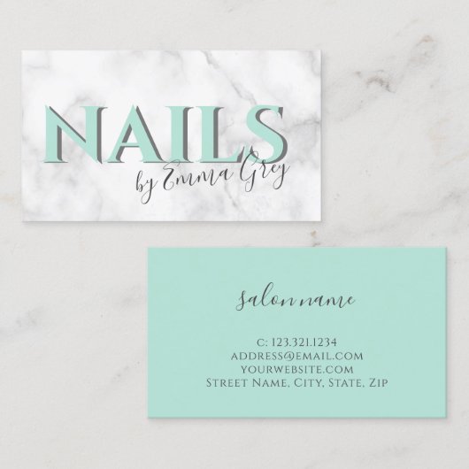 白大理石モダンとミントグリーンのタイポグラフィ爪、 ネイル 名刺 (正面/裏面)