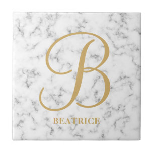 白大理石モダン金ゴールドタイポグラフィ名モノグラム タイル