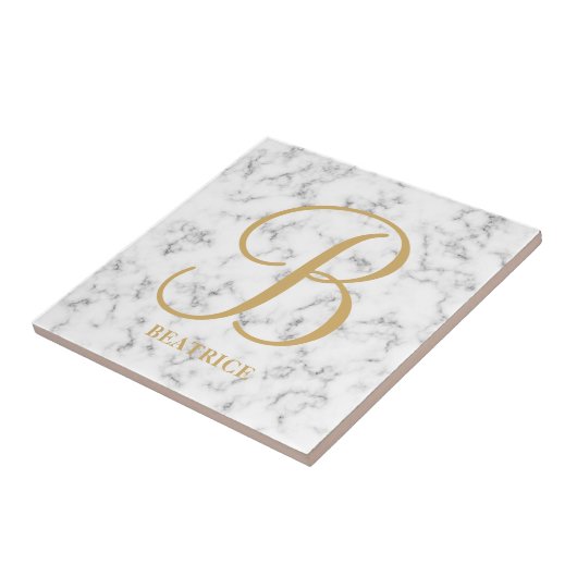 白大理石モダン金ゴールドタイポグラフィ名モノグラム タイル (側面)