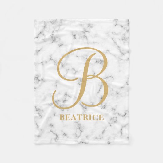 白大理石モダン金ゴールドタイポグラフィ名モノグラム フリースブランケット (正面)