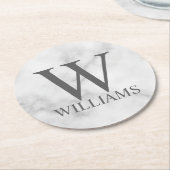 白大理石モパーソナライズされたノグラムと名前 ラウンドペーパーコースター (アングル)