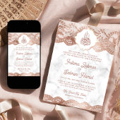 白大理石玫瑰金蕾丝二维码穆斯林婚礼 招待状