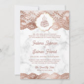白大理石玫瑰金蕾丝二维码穆斯林婚礼 招待状 (正面)