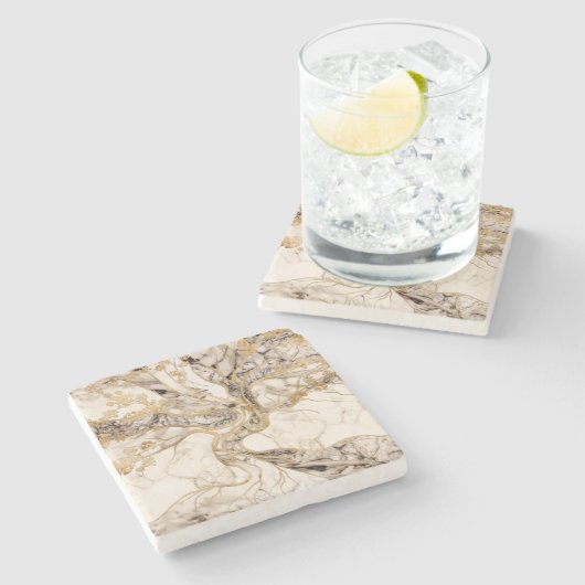 白大理石生命の木抽象芸術 ストーンコースター (横)