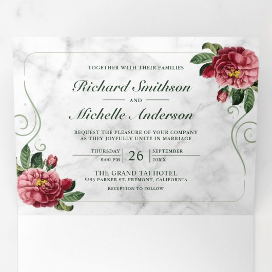 白大理石素朴ピンクアジ結婚アフローラ 三つ折り招待状 (内部最初)