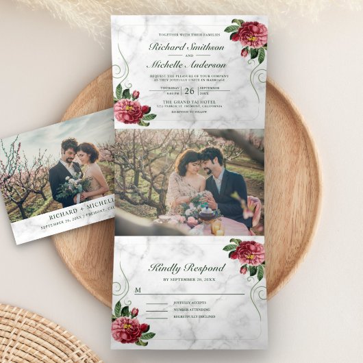 白大理石素朴ピンクアジ結婚アフローラ 三つ折り招待状