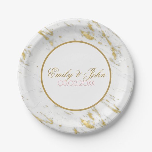 白大理石金ゴールドグリッター – 日付を保存 ペーパープレート (正面)