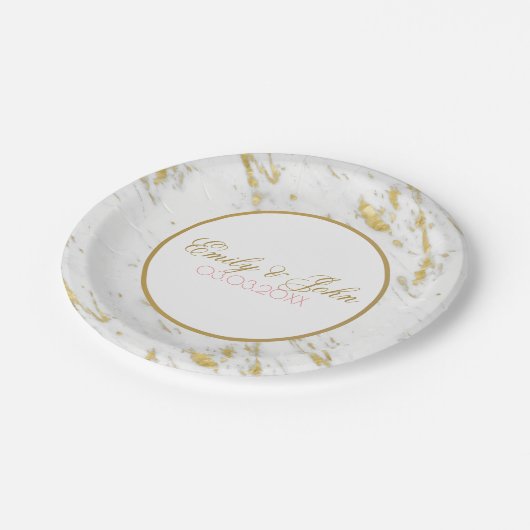 白大理石金ゴールドグリッター – 日付を保存 ペーパープレート (アングル)