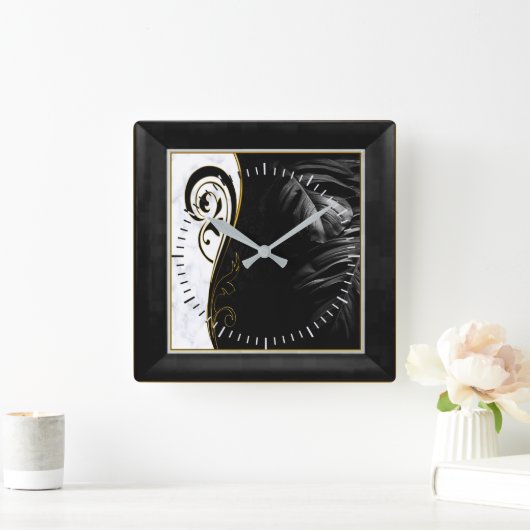 白大理石、黒、金ゴールド塗りグラフィック スクエア壁時計 (ホーム)