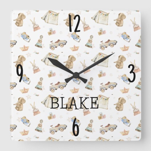 白子供部屋水彩ヴィンテージおもちゃ10.75-in スクエア壁時計 (正面)