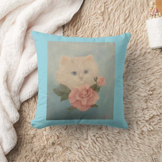 白子猫と花のスローピロー クッション (ブランケット)