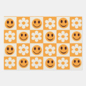 白市松模様に花とオレンジの笑顔の顔 ラッピングペーパーシート (正面3)