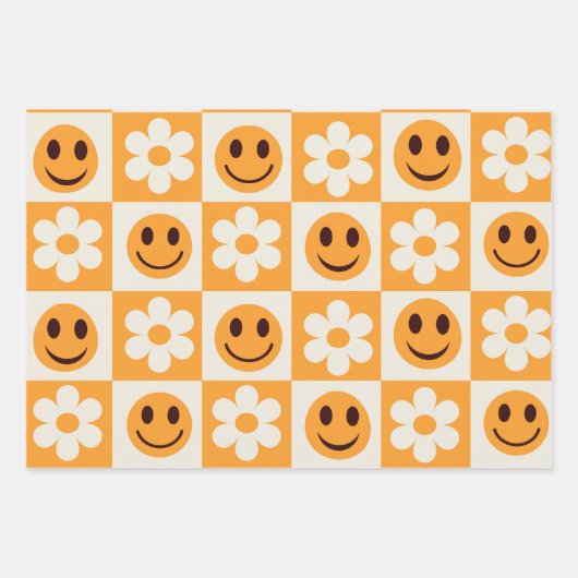 白市松模様に花とオレンジの笑顔の顔 ラッピングペーパーシート (正面3)