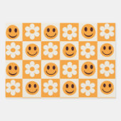 白市松模様に花とオレンジの笑顔の顔 ラッピングペーパーシート (正面2)