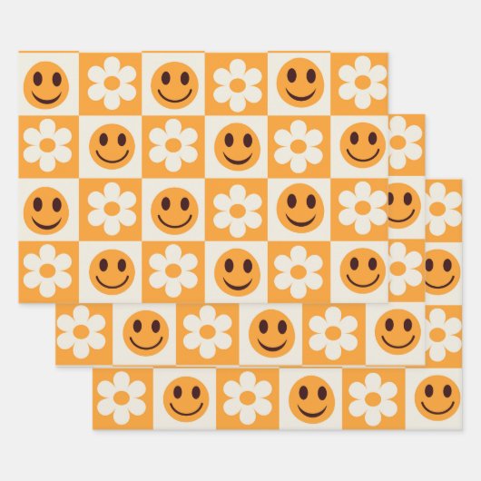 白市松模様に花とオレンジの笑顔の顔 ラッピングペーパーシート (セット)