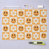 白市松模様に花とオレンジ色の幸せ顔 薄葉紙 (クラフト)