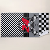 白市松模様に黒競🏎デザイン ビーチタオル (正面)