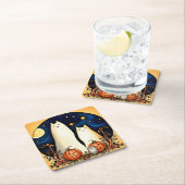 白幽霊猫とジャック・オ・ランタン スクエアペーパーコースター (インサイチュ)